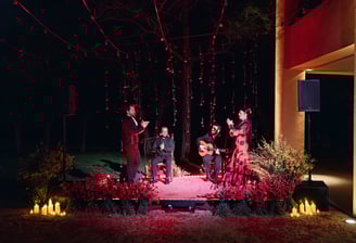 a band playing music in a stage setting