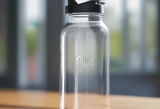 A clear bottle of sparkling water branded Mineragua is placed on a wooden table. Surrounding the bottle are plates of food, including a pizza and a dish garnished with various toppings and fresh greens. Sunlight filters through the surrounding space, casting soft shadows around the scene.