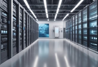 A laboratory setup featuring various networking and testing equipment on a table. A computer monitor displaying test results with a 'Pass' message is prominently positioned. Multiple cables in orange and blue are connected to devices labeled 'Optical Phase Modulation Meter' and 'Test Station'. The environment appears clean and organized, suggesting a professional or industrial setting.