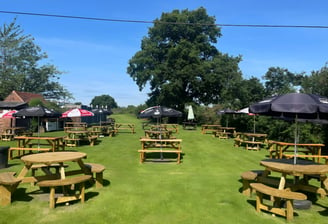 a beer garden with umbrellas and umbrellas