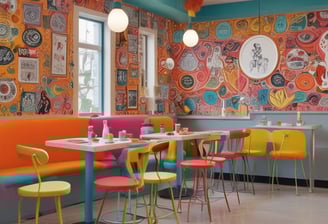 A spacious and modern cafeteria interior with multiple white tables and chairs. Large windows allow natural light to flood the area, providing a view of urban buildings and greenery outside. The setting is clean and organized, with wooden elements adding warmth to the space.