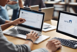A person is typing on a silver laptop with a screen displaying text about designing digital solutions for big customers. Nearby, there is a black smartphone and white earphones placed on the desk. The person's sleeves are light blue, suggesting a casual attire.