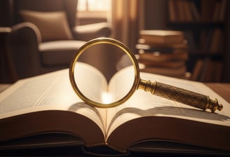 A golden magnifying glass standing on its side on top of an open book.