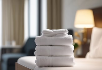 A close-up of a towel with a textured red and beige pattern is placed on a wooden surface. A label is sewn onto the towel, displaying the text 'Designed in Berlin Made in Germany towel.studio 100% Organic Cotton' along with care symbols.
