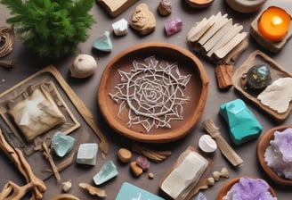 An arrangement of mystical and spiritual items on a soft white fabric. A notebook with intricate designs featuring an eye symbol, alongside a tarot card depicting a seated figure. A wooden incense holder, a crystal, and a small bottle of essential oil or perfume are nearby. A decorative stone with black patterns and a bundle of dried herbs rest on a small black dish. A woven fabric with sun and moon designs is draped in the background.