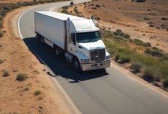 A large flatbed truck is loaded with heavy steel beams outside a warehouse. Three individuals are working around the truck, with one on top of the truck securing the load with chains. The warehouse is labeled with a company name and has an open entrance showing more beams inside. The sky is partly cloudy, casting a dramatic light over the scene.