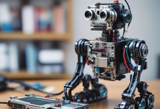 A detailed robotic figure stands on a wooden surface. The robot features intricate metallic components, including articulated arms and legs, and a complex head design with visible mechanics. Its overall aesthetic is metallic, with a prominent gray and silver color scheme accented with darker and lighter shades. The robot appears poised and ready for action, with one arm equipped with a circular saw-like mechanism.