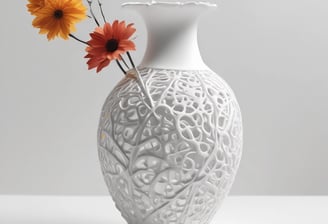 A person holds a detailed, intricately designed 3D-printed object, with a laptop displaying a 3D modeling software. The background features a 3D printer, suggesting a design and production process.