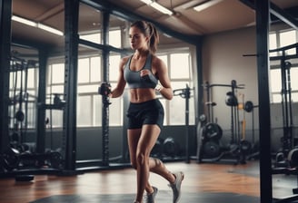 A group of individuals in athletic wear participate in a fitness class inside a spacious, well-lit room. The instructor, facing away, leads the group with energy and focus. The participants appear engaged and attentive, following along with the instructor's movements.