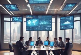 A monochromatic indoor scene featuring a consultation area with a modern design. Two people are seated at a long wooden table, working on laptops, while another person stands nearby. Bookshelves are visible beneath the table, and a sign reads 'Consultation Specialisee'. Overhead lighting and glass partitions add to the contemporary architectural style.