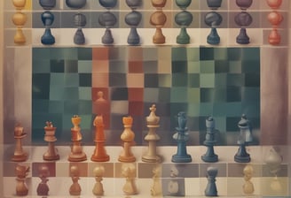 A detailed figurine resembling a knight chess piece is positioned on a red and black checkered board. The figure has intricate carvings and appears to be made of a light-colored material. In the background, additional blurred chess pieces are visible.
