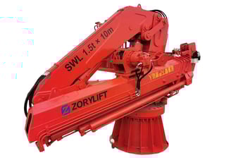 Custom red ZORYLIFT pedestal-mounted hydraulic knuckle boom crane. SWL: 1.5T @ 10m max working radius.