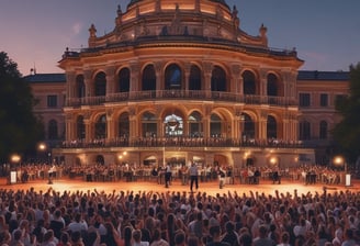 A cultural performance is taking place with a large group of people forming a circle. A performer in the center is dressed in traditional colorful attire and adorned with an ornate headdress. The crowd surrounding them is engaged, raising their arms and appearing to participate actively. The audience watches intently in the background.