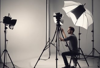 Two men are engaged in a video production setting. One man operates a professional camera and monitors the footage on a screen, while the other appears to be holding a smartphone, possibly assisting or recording as well. The background features photography equipment, including a large softbox light and a tripod.