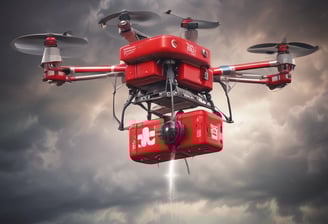 A drone is flying in the air with its rotors clearly visible. It appears to be metallic with a sleek, modern design. The background is blurred, suggesting the photo was taken with a wide aperture, emphasizing the drone as the focal point.