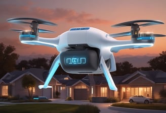 A drone with a sleek, modern design hovers in the air against a backdrop of lush green foliage. It has four rotors, each emitting a soft blur from the rapid movement. Two small lights on the front arms emit a soft red glow, possibly for navigation or signaling.
