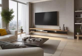 a living room with a large window and a television mounted to the wall