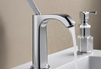 A close-up view of a row of brass water taps mounted on a white tiled wall. The foreground focuses on one tap, while more taps appear blurred in the background, creating a sense of depth.