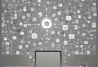 A sleek, modern setup featuring a laptop with the screen displaying a logo for MAR Gaming. The laptop is placed on a clean, dark desk, accompanied by a gaming mouse on the right and a pair of headphones resting on a stand to the left. A microphone is positioned on the right side of the desk.