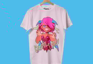 a t - shirt with a pink and purple graphic of a girl with a pink