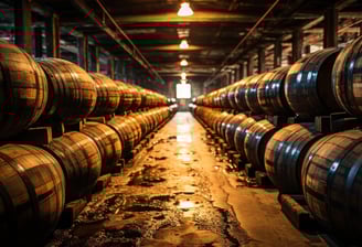 a row of barrels of wine barrels in a warehouse