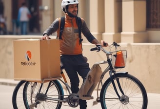A delivery person wearing a green uniform and helmet rides a scooter with a large green delivery box on the back. The logo 'Grab' is visible on the box and the uniform. The setting appears to be a residential area with a gate, plants, and trees visible in the background.