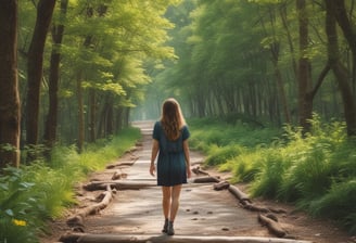 A person wearing a bright green shirt with a motivational text stands on a road surrounded by lush greenery. The shirt reads 'Change a life, change the nation.' A colorful headband adorns their head. The road is empty, flanked by trees and plants, conveying a serene and peaceful setting.