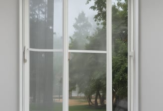 Horizontal blinds partially closed with minimal light seeping through, creating a pattern of alternating light and shadow. A pull cord hangs on the left side of the blinds.