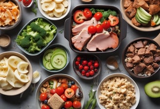 A selection of three colorful trays is filled with a variety of healthy snacks, including orange slices, nuts, seeds, and a measuring tape is artfully draped across them, suggesting themes of dieting or nutrition.