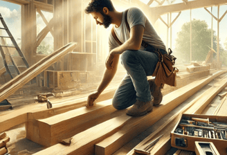 Charpentier de Couverture Bormes installant une poutre en bois, entouré d'outils de menuiserie