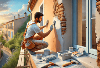 Façadier appliquant un enduit frais sur une façade, entouré d'outils de ravalement