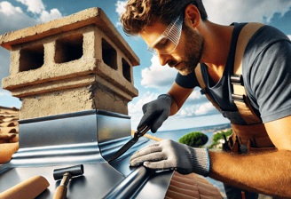Artisan réparant un solin en zinc autour d’une cheminée