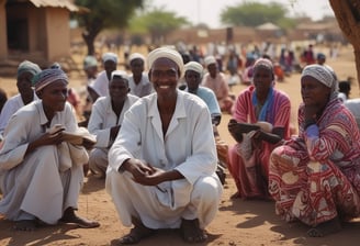 Several individuals are gathered in an outdoor setting, with many of them seated on the ground alongside bags and containers of supplies, likely food aid. The people are dressed in cultural attire, and there is a visible stone wall in the background dividing the scene.