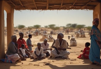 A young boy stands with raised arms in front of a row of tents in a refugee camp. The tents have UNHCR logos, indicating the involvement of the United Nations High Commissioner for Refugees. In the background, a truck and a few vehicles are visible alongside a hillside. A national flag is flying on a pole, and the ground is dry and dusty.