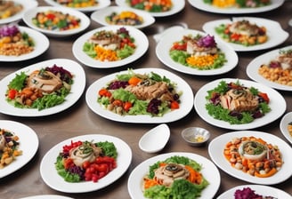 A person is plating food in a kitchen, preparing several dishes with vibrant ingredients. Various plates are arranged on a countertop, each containing a variety of colorful foods, such as vegetables and garnishes.