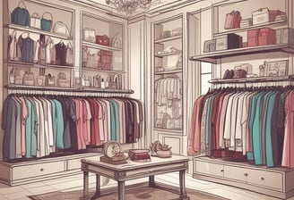 A multi-level clothing store interior featuring numerous shelves and mannequins displaying various garments. Clothes of different colors, including shirts, sweaters, and jackets, are arranged neatly. The store has bright lighting, and there are shoppers visible in some sections.