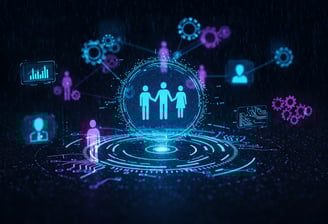 Partnerystės ir bendradarbiavimo vaizdas su technologiniais elementais