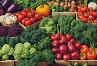 A market stall brimming with fresh produce such as tomatoes, carrots, cauliflower, and various leafy greens. Handwritten price signs are visible throughout the display. A vendor stands behind the counter, partially obscured by the vegetables.