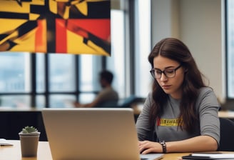 A man is seated at a table, working on a laptop in front of a bright yellow wall. The wall has a large collection of words related to technology, such as 'Information Technology' and 'Data'. A chair with a striped design is partially visible, and a notebook and phone rest on the table.