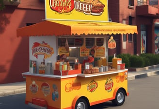 A street food vendor cart is set up with various items including bowls and cooking utensils. Two people are interacting with the cart, one appearing to serve food while the other waits. The scene is dimly lit, suggestive of an evening setting, with several people and a motorcycle visible in the background.