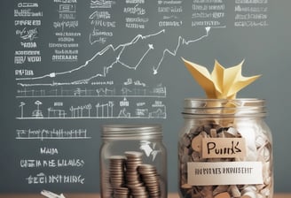 A person is typing on a MacBook Pro, viewing a website titled 'Personalize your portfolio.' The webpage displays three sections related to investing, each with different images and text. The laptop is on a grey table with a dark sofa and indoor plants in the background.