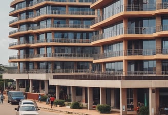 A cityscape with a real estate sign in the foreground, prominently displaying the name and phone number. Surrounding the sign are various buildings with different architectural styles, some with scaffolding and green netting. The scene features a mix of older, worn structures alongside modern glass-fronted buildings. Power lines and construction materials add to the urban complexity.