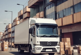 Two delivery trucks are parked on a city street. The truck on the left is yellow with DHL branding, displaying a partial image of a person wearing a red cap. The truck on the right is dark brown with UPS branding. The street is wet, suggesting recent rain, and the setting appears to be urban, with multi-story buildings lining the street.