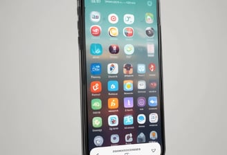 A person is holding and browsing a smartphone with a screen displaying a digital storefront or app interface. The background features a desk with a computer mouse and blurred elements, creating a tech-focused environment.
