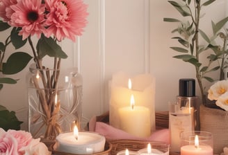 A collection of beauty and skincare products is arranged on a surface, including bottles of oils and serums, cosmetics like lipstick and blush, makeup brushes in a holder, and a lit black candle adding ambiance. The setup is accompanied by cotton swabs, emphasizing a self-care or beauty routine theme.