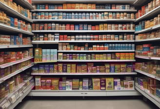 A sidewalk display at a Korean convenience store features neatly stacked packs of bottled water on the left. In front of the store's entrance, there's a blue plastic basket with an orange handle placed on a small stool. Signs in Korean promote the sale of various fruits and vegetables, along with a freezer for ice cream in the background.