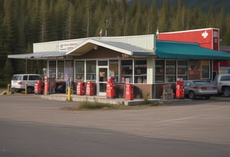 A small convenience store with shelves stocked with various products including canned goods, drinks, and snacks. The entrance is open with fluorescent lighting inside. Two people are interacting outside the store, and there is an ice cream freezer prominently displayed.