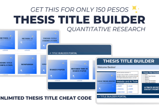 Thesis Title Builder advertisement offering Quantitative Research tools, checklist, and cheat code for 150 pesos.