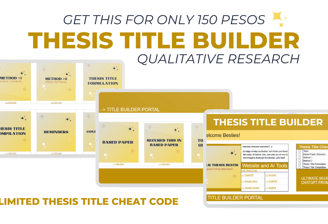 Thesis Title Builder advertisement for Qualitative Research tools, checklist, and cheat code for 150 pesos.