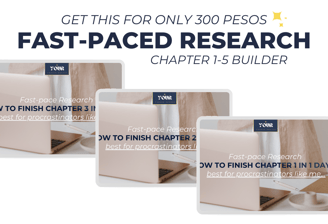 A promotional graphic for a "Fast-Paced Research" Chapter 1-5 Builder, priced at 300 pesos.